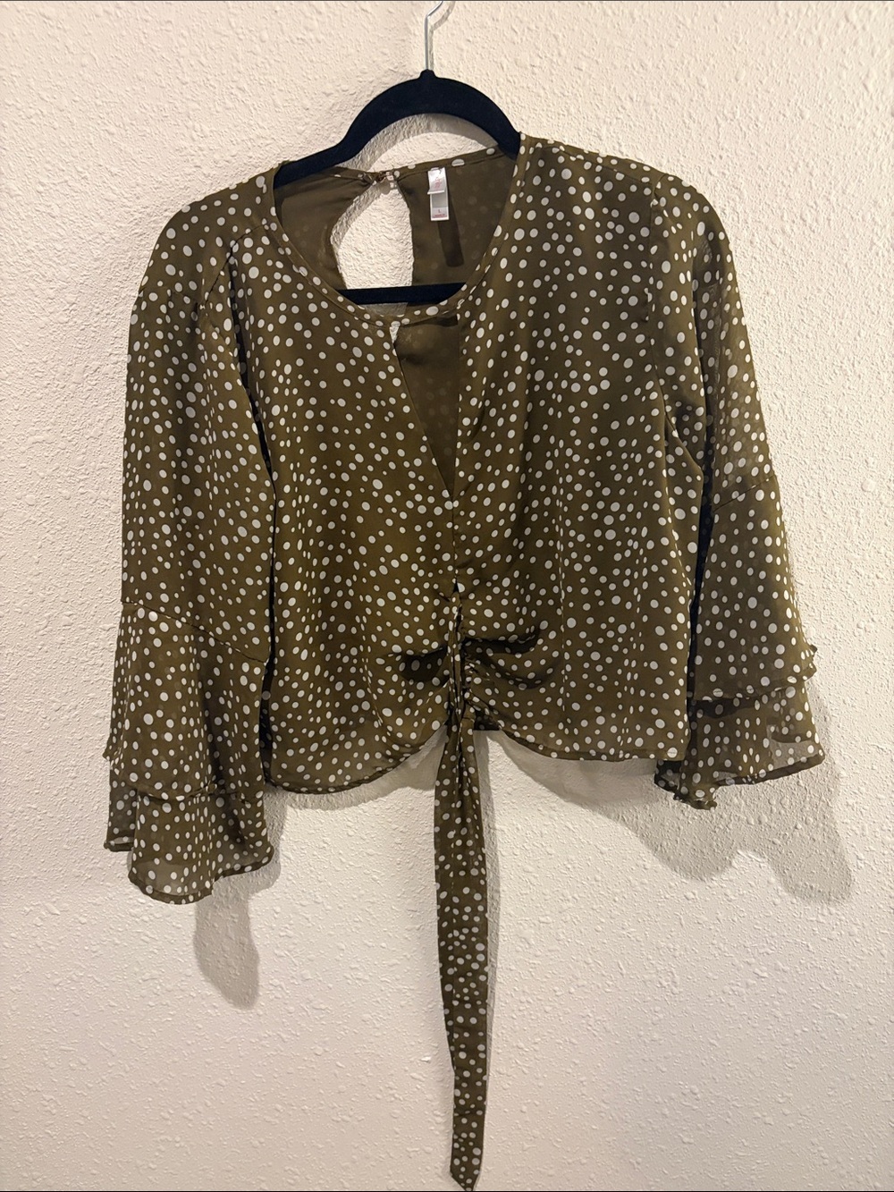 Xhilaration Olive Green White Polka Dot Tie-Front Blouse
